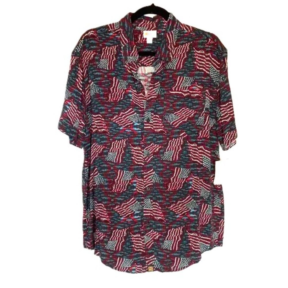 Mens Patriotic Flag Dress Shirt Medium Button‎ Up Red White Blue LuLaRoe Michael